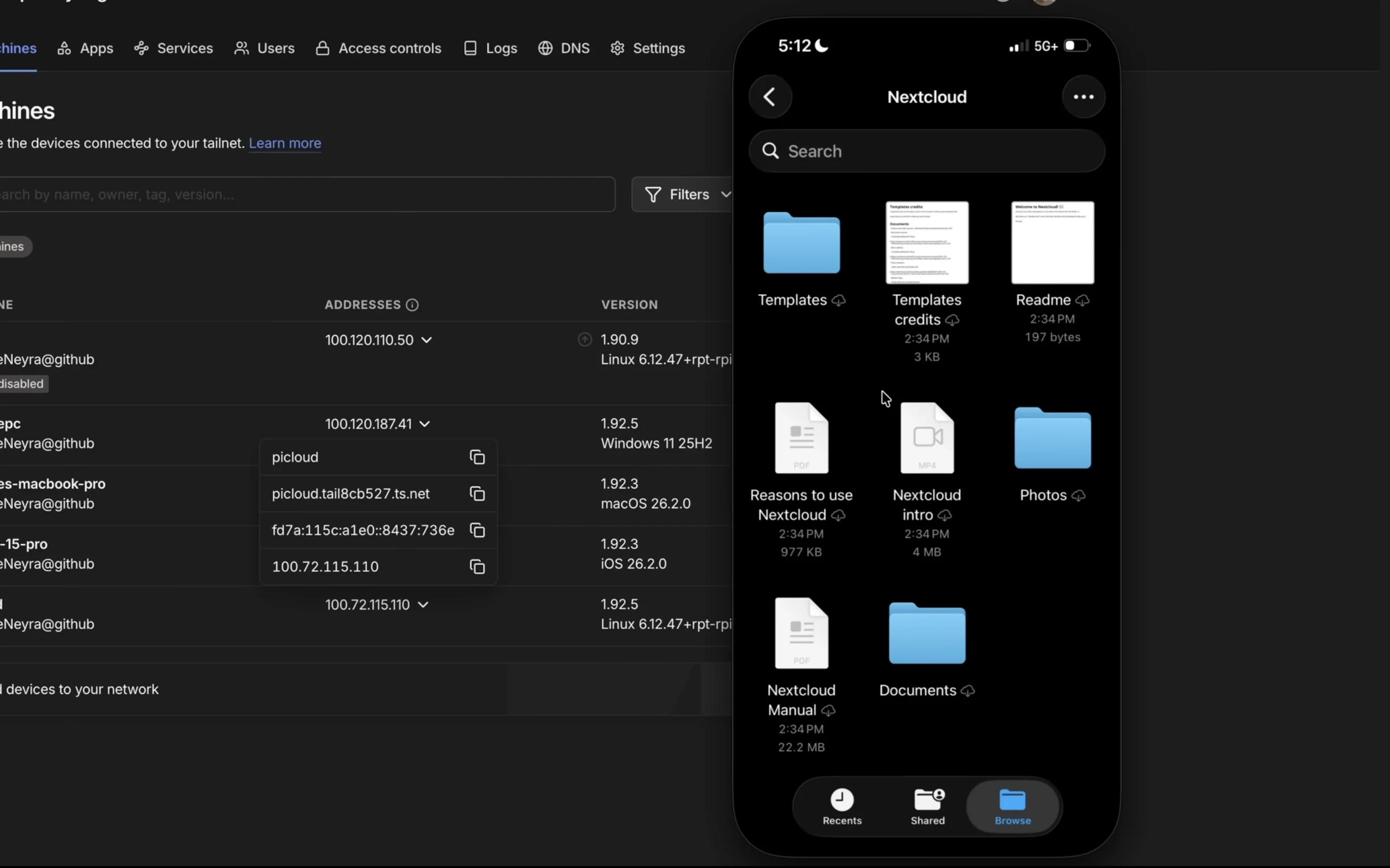 NextCloud on phone showing files